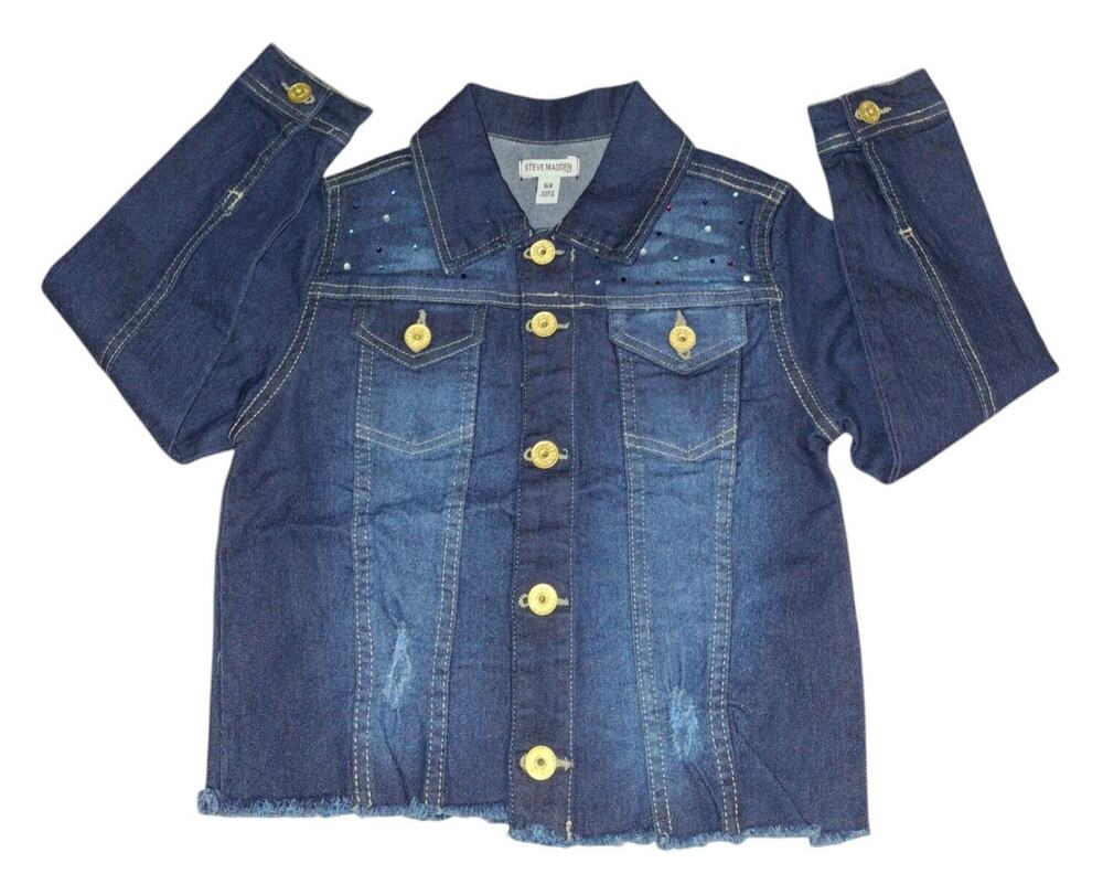 Steve Madden Girls Faded Denim Jacket Sz 6X Bedazzled Y2K Jean Jacket Dark Wash